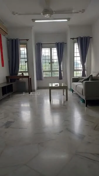 Living features: white painted walls, marble flooring, 5-blade ceiling fan, floor-to-ceiling windows, grey fabric sofa, coffee table, curtains in light grey, TV console, decorative wall art; style: modern; view: garden.