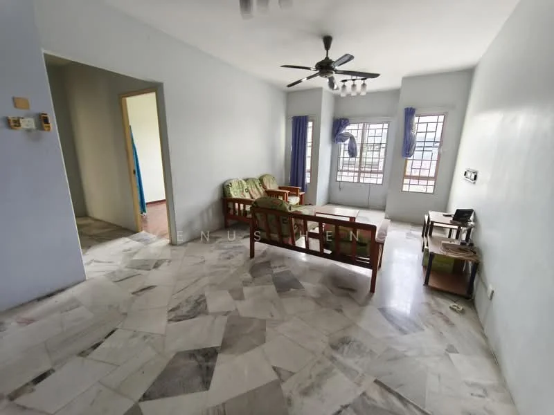 Living features: marble flooring, light blue painted walls, 5-blade ceiling fan with light, two-seater wooden sofa, two armchairs with floral pattern, coffee table, window with sheer curtains, wall-mounted electrical outlets. Room features: doorway leading to another room, window with blue curtains.