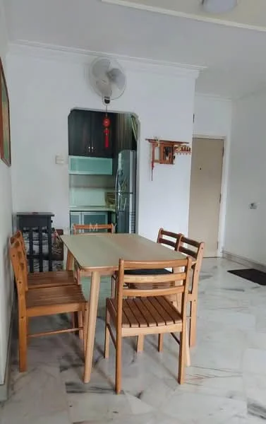 Dining features: wooden dining table, 4 wooden dining chairs, marble flooring, wall-mounted fan, framed artwork on wall, kitchen area visible in background, refrigerator visible in background, white painted walls; style: modern.