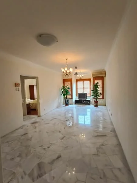 Living features: marble flooring, white painted walls, recessed ceiling lights, chandelier, large windows with wooden frames, two indoor plants in pots, TV console, wall-mounted TV, sofa, decorative wall features; style: modern.