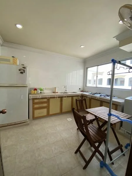 Kitchen features: white tiled walls, cream cabinetry with wood accents, marble countertop, double-bowl stainless-steel sink, chrome pull-down faucet, 4-burner gas hob, built-in oven, refrigerator, window with view to exterior, tile flooring, ceiling lights, folding drying rack, wooden dining table with folding chairs; style: modern.