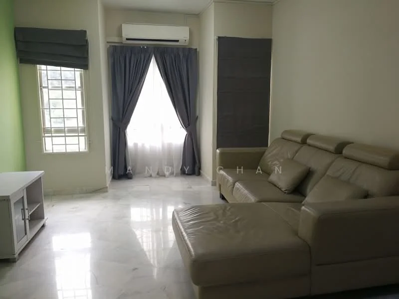 Living features: cream leather sectional sofa, white TV console, marble flooring, green accent wall, grey curtains, floor-to-ceiling window, wall-mounted split AC, natural light from window; style: modern.