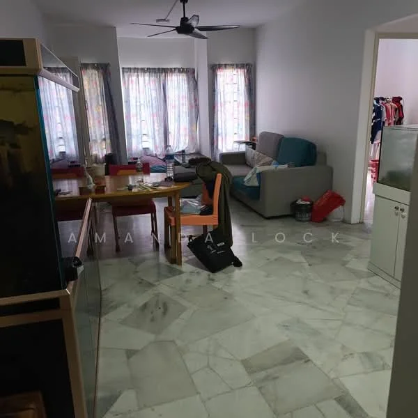 Living features: marble flooring, 5-blade ceiling fan, floor-to-ceiling windows with sheer curtains, grey fabric sofa, wooden dining table with chairs, decorative wall, light-colored walls, natural light from windows; style: modern. Room features: light-colored walls, unknown furniture, unknown flooring.