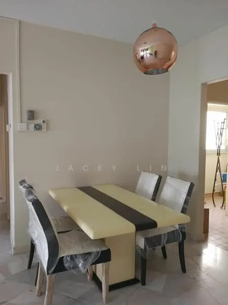 Dining features: rectangular dining table with cream and brown finish, 4 upholstered dining chairs with black legs, pendant light with copper finish, white painted walls, marble flooring; style: modern.