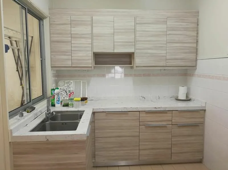 Kitchen features: single-bowl stainless-steel sink, chrome pull-down faucet, marble countertop, light wood cabinetry, upper cabinets with horizontal wood grain, lower cabinets with horizontal wood grain, white tiled backsplash, tile flooring, window with grid pattern, kitchen appliances visible, countertop with cleaning supplies; style: modern.