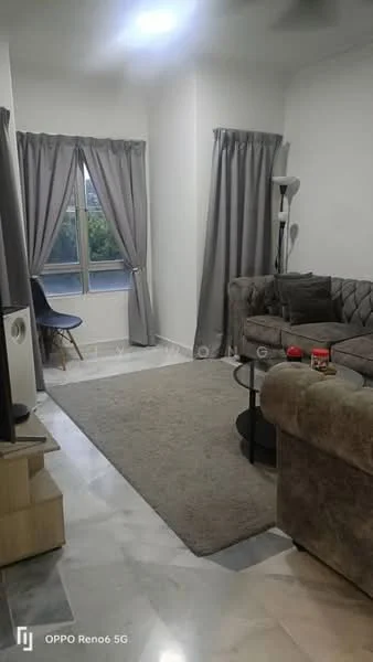 Living features: grey fabric sofa, 3-seater sofa, armchair with wooden legs, marble flooring, area rug with neutral color, floor lamp, curtains in grey, window with garden view, TV console, decorative items on console; style: modern; view: garden.