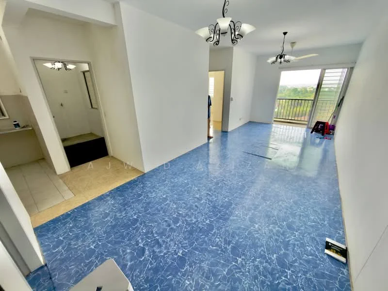 Living features: blue marble flooring, white painted walls, ceiling fan, chandelier, large windows with view, sliding glass door, open layout, natural light; style: modern; view: garden. Room features: white painted walls, tile flooring, doorway to hallway.