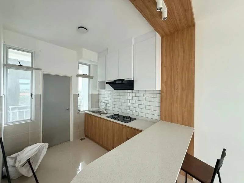 Kitchen features: white cabinetry, wood panel accent wall, stainless-steel range hood, 2-burner gas hob, white subway tile backsplash, quartz countertop, single-bowl stainless-steel sink, floor-to-ceiling windows, light-colored tile flooring, recessed downlights; style: modern; view: city.