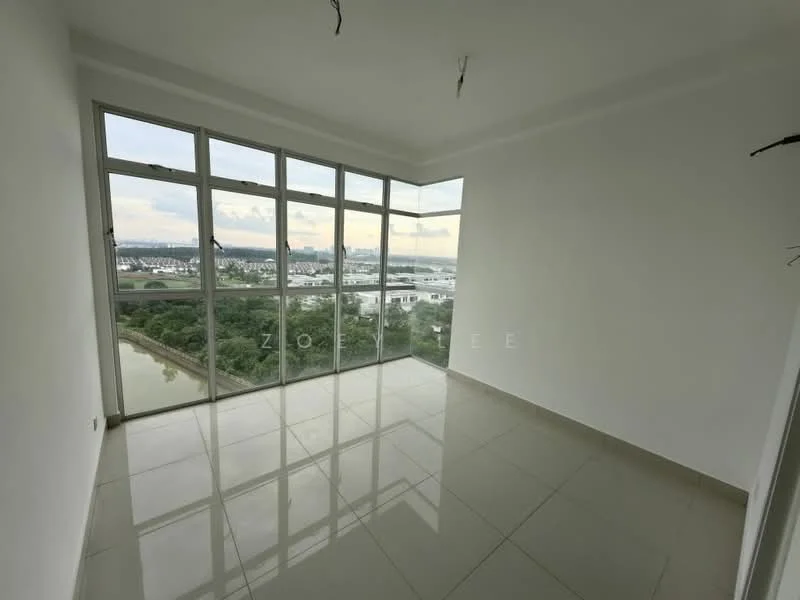 Room features: floor-to-ceiling windows, white painted walls, glossy ceramic tile flooring, city view, natural light, no visible furniture, minimalist design, neutral color palette; style: modern; view: city.