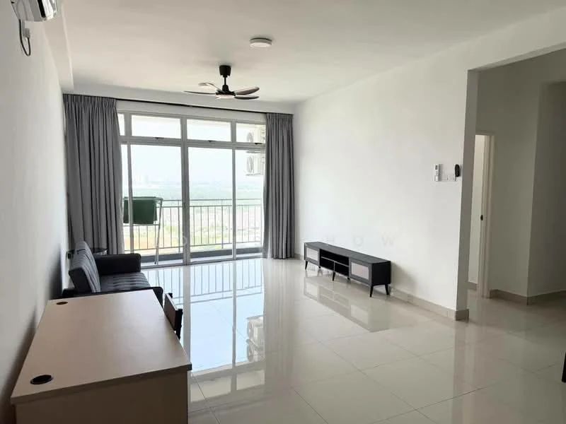 Living features: white painted walls, glossy ceramic tile flooring, 5-blade ceiling fan with light, floor-to-ceiling windows, sliding glass door, grey curtains, black leather sofa, wooden coffee table, TV console, wall-mounted air conditioning unit; style: modern; view: city.