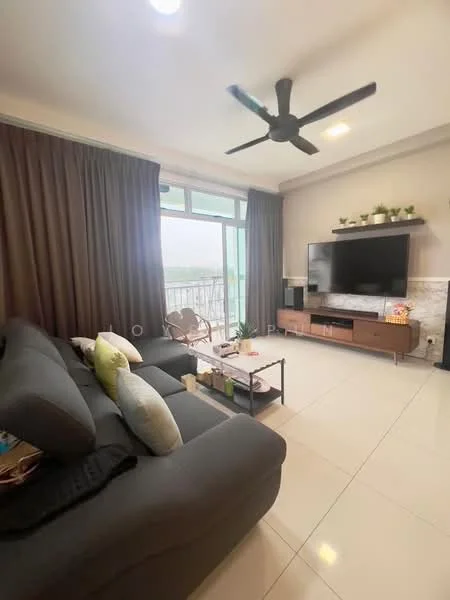 Living features: 3-seater fabric sofa in grey, coffee table, wall-mounted TV, TV console with wooden finish, floor-to-ceiling windows, sheer curtains, 5-blade ceiling fan, decorative plants on TV console, light-colored tiled flooring, balcony view, area rug; style: modern; view: city.