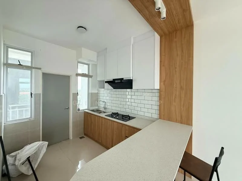 Kitchen features: white cabinetry, wood panel accent wall, white subway tile backsplash, stainless-steel sink, chrome pull-down faucet, 2-burner gas hob, granite countertop, open shelving, floor-to-ceiling windows, tile flooring, recessed downlights; style: modern; view: city.