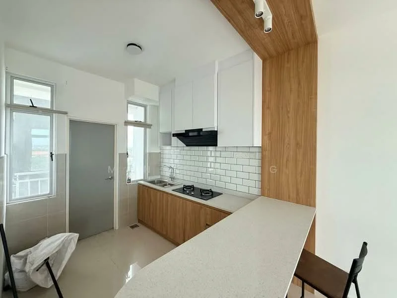 Kitchen features: white shaker cabinets, wood panel accent wall, white subway tile backsplash, stainless-steel sink, chrome pull-down faucet, 2-burner gas hob, built-in range hood, countertop with overhang for seating, floor-to-ceiling windows, light-colored tile flooring, recessed downlights; style: modern.