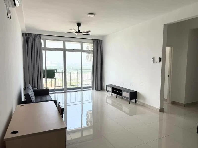Living features: white painted walls, glossy tile flooring, 5-blade ceiling fan with light, floor-to-ceiling windows, sliding glass door, curtains, black coffee table, sofa, TV console, air conditioning unit; style: modern; view: city.