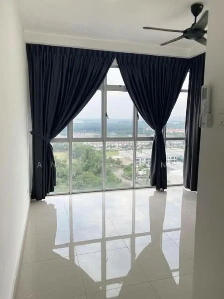 Room features: floor-to-ceiling windows, blackout curtains, white painted walls, polished ceramic tile flooring, 5-blade ceiling fan, city view, natural light, spacious layout; style: modern; view: city.