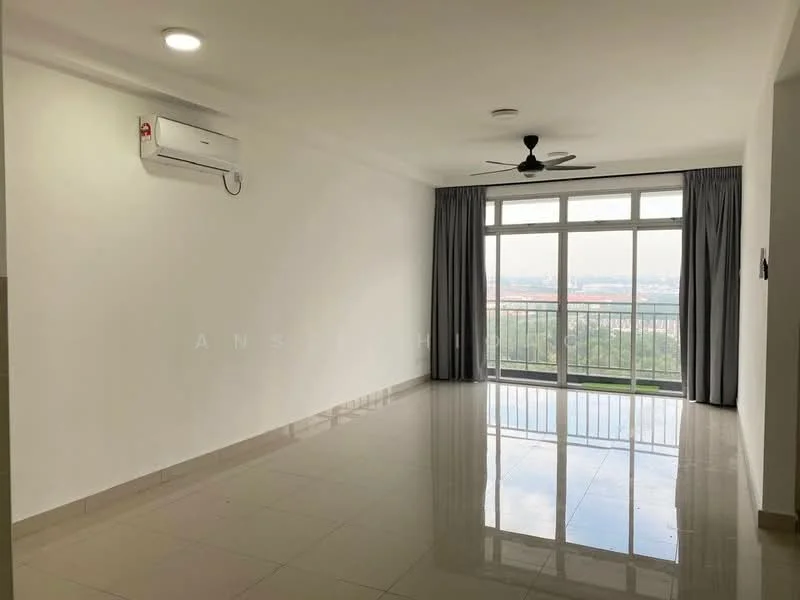Living features: wall-mounted split AC, 5-blade ceiling fan, floor-to-ceiling windows, grey curtains, white painted walls, polished ceramic tile flooring, balcony view, natural light, neutral color scheme; style: modern; view: city.
