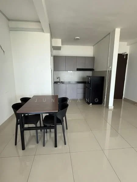 Kitchen features: grey cabinetry, stainless-steel sink, chrome pull-down faucet, built-in oven, freestanding fridge, 4-burner gas hob, white tiled backsplash, ceramic tile flooring, recessed downlights; style: modern. Dining features: 4-seater dining table, black dining chairs; style: modern.