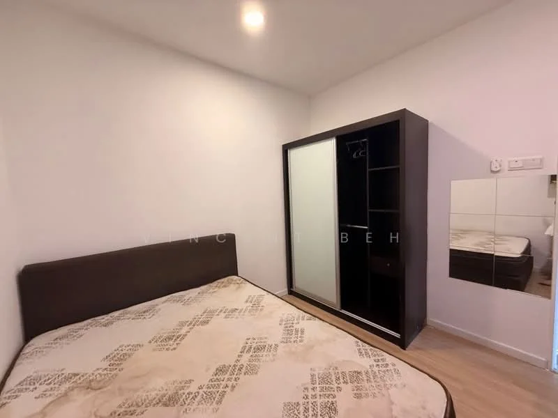 Bedroom features: queen-size bed, upholstered headboard, built-in wardrobe with sliding doors, wooden flooring, white painted walls, recessed ceiling lights, mirror on wall, small bedside table; style: modern.