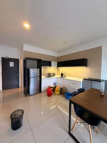 Kitchen features: white cabinetry, black upper cabinets, grey tiled backsplash, stainless-steel fridge, built-in microwave, freestanding oven, single-bowl stainless-steel sink, chrome pull-down faucet, countertop with space for appliances, tile flooring, recessed downlights, dining table, plastic storage bins, trash bin; style: modern.