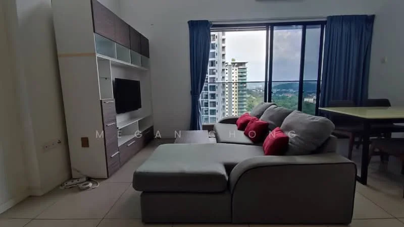 Living features: L-shape sectional sofa in grey, red accent cushions, wall-mounted TV, TV console with storage, large window with city view, dining table in background, neutral tile flooring, curtains, decorative wall unit; style: modern; view: city.