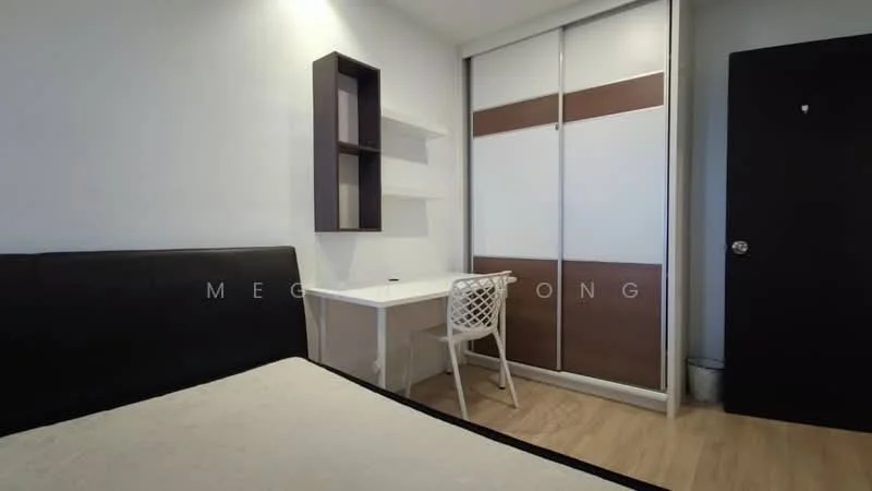Bedroom features: queen-size bed, black upholstered headboard, light wood flooring, white desk with chair, built-in wardrobe with sliding doors, shelf unit on wall, white walls, wall-mounted light fixture; style: modern.