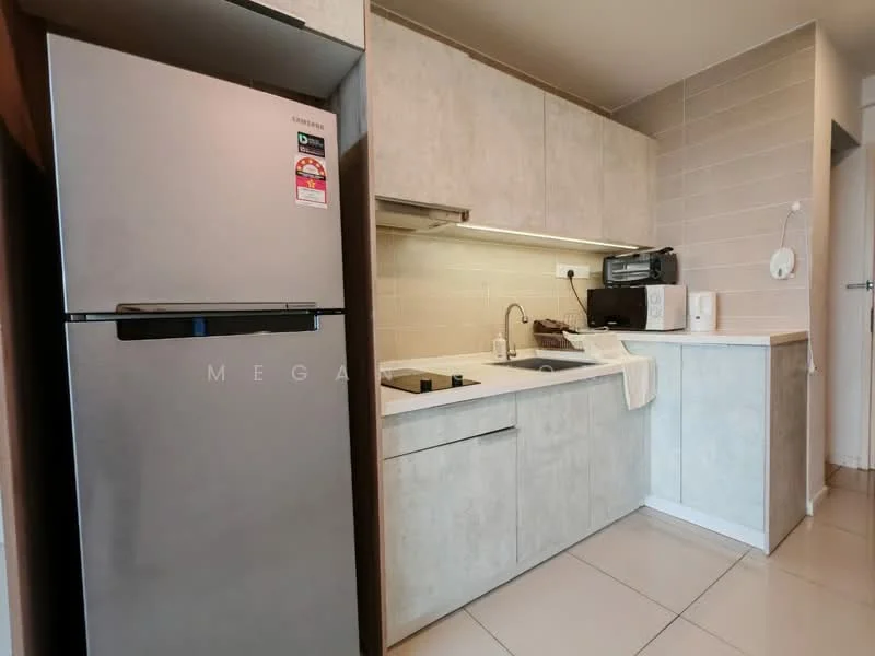 Kitchen features: stainless-steel fridge, single-bowl stainless-steel sink, chrome pull-down faucet, laminate countertop, white shaker cabinets, built-in oven, ceramic tile backsplash, recessed downlights, wall-mounted microwave, tile flooring, neutral painted walls; style: modern.