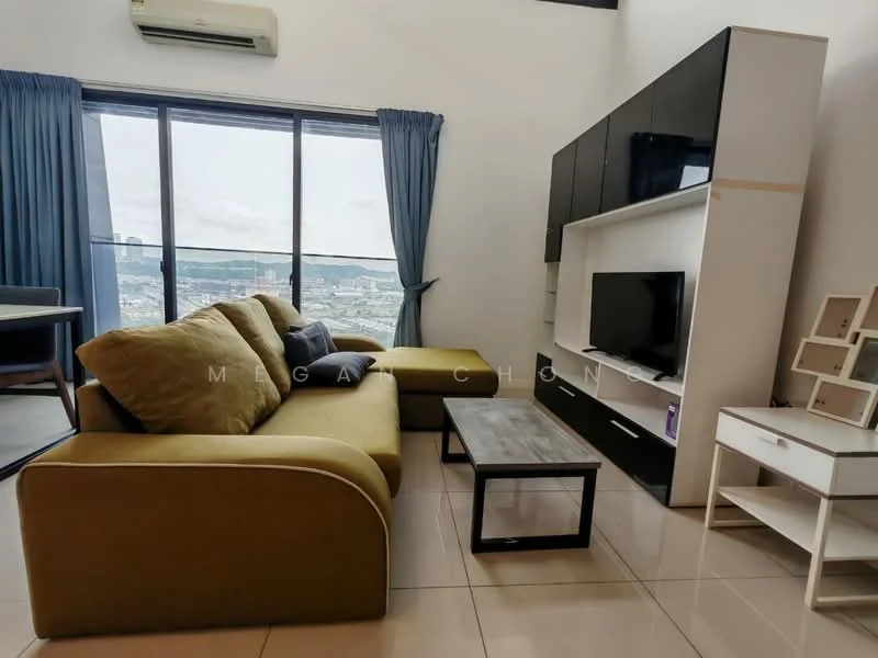 Living features: L-shape sectional sofa in olive green, coffee table with black surface, wall-mounted TV, white entertainment unit with storage, floor-to-ceiling windows, blue curtains, air conditioning unit, glossy tiled flooring; style: modern; view: city.