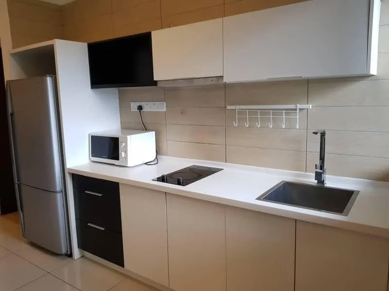 Kitchen features: stainless-steel fridge, built-in microwave, single-bowl stainless-steel sink, chrome pull-down faucet, white quartz countertop, black cabinetry, white cabinetry, wall-mounted rack for utensils, ceramic tile flooring, wood panel accent wall, induction cooktop; style: modern.