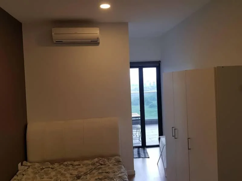 Bedroom features: queen-size bed with white upholstered headboard, 1 wall-mounted split AC, floor-to-ceiling sliding glass door, white painted walls, light wood flooring, built-in wardrobe with sliding doors, window with city view, recessed downlights; style: modern; view: city.