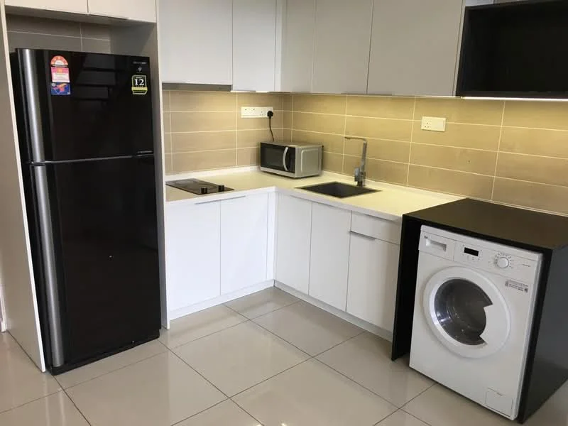 Kitchen features: black fridge, built-in microwave, single-bowl stainless-steel sink, chrome pull-down faucet, white cabinetry, white countertop, ceramic tile flooring, washing machine, stove with cooktop, wall-mounted electrical outlets, tile backsplash; style: modern.