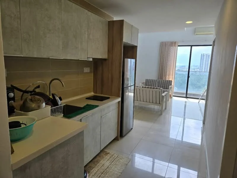 Kitchen features: grey laminate cabinetry, white countertop, single-bowl stainless-steel sink, chrome pull-down faucet, built-in fridge, ceramic tile flooring, wall-mounted split AC, open shelving, window with city view, kitchen island, dish rack, kitchen utensils; style: modern; view: city. Living features: sofa with cushions, coffee table, floor-to-ceiling windows, curtains, ceramic tile flooring; style: modern; view: city.