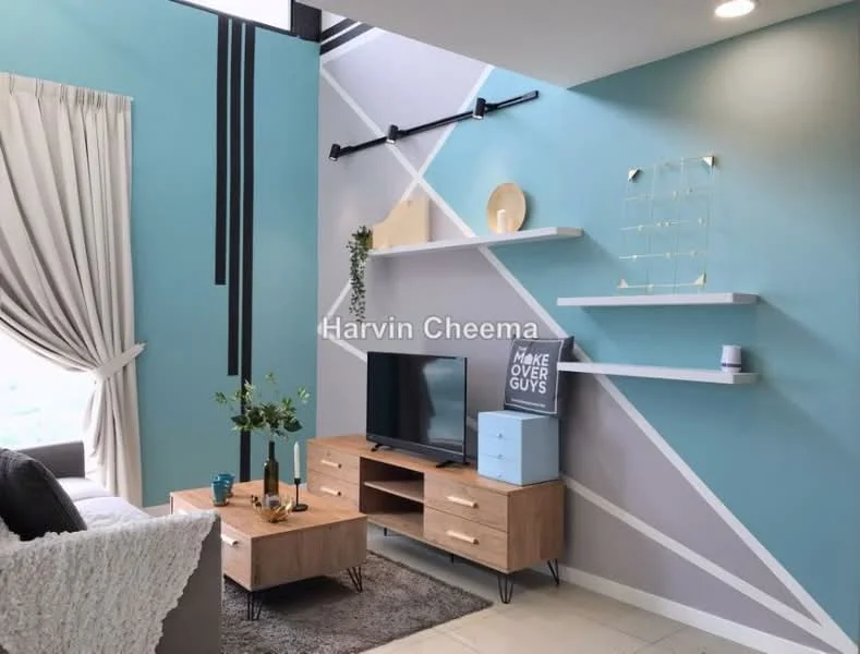 Living features: light blue painted walls, white accent wall with geometric design, cream curtains, grey fabric sofa, wooden coffee table, TV console, wall-mounted TV, floating shelves, decorative items on shelves, indoor plants, LED ceiling lights, tile flooring; style: modern.