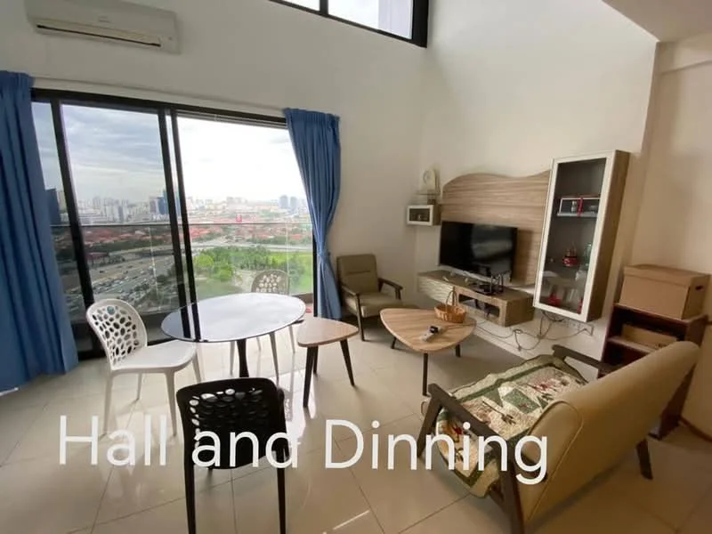 Living features: floor-to-ceiling windows, city view, white walls, ceramic tile flooring, sofa in beige, coffee table, TV console, wall-mounted TV, dining table for four, plastic dining chairs, recliner chair, decorative throw, curtains in blue, air conditioning unit; style: modern; view: city.
