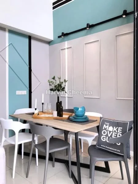 Dining features: rectangular wooden dining table, 4 white plastic dining chairs, 1 grey plastic dining chair, decorative vase with flowers, candlesticks with candles, blue ceramic dinnerware, grey cushion with text, light grey walls with paneling, turquoise accent wall, track lighting on ceiling, glossy tile flooring; style: modern.