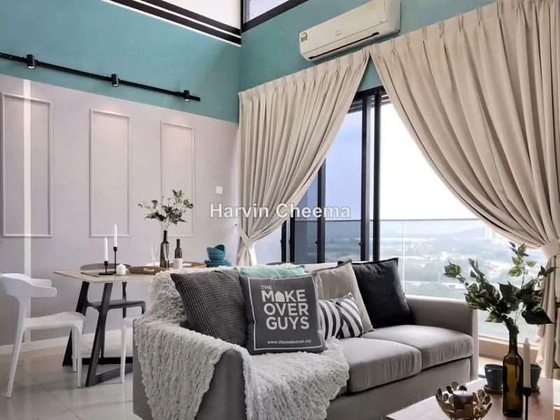 Living features: light grey fabric sofa, decorative throw pillows, white dining table, white dining chairs, floor-to-ceiling windows, sheer curtains, recessed downlights, air conditioning unit, green accent wall, neutral tile flooring, decorative plants, wall-mounted decor panels; style: modern; view: city.