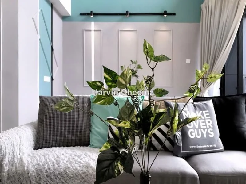 Living features: grey fabric sofa, decorative throw pillows, green potted plant, light blue accent wall, grey accent wall with paneling, curtains in light fabric, wall-mounted lighting fixtures, area rug, coffee table, decorative cushion with text; style: modern.