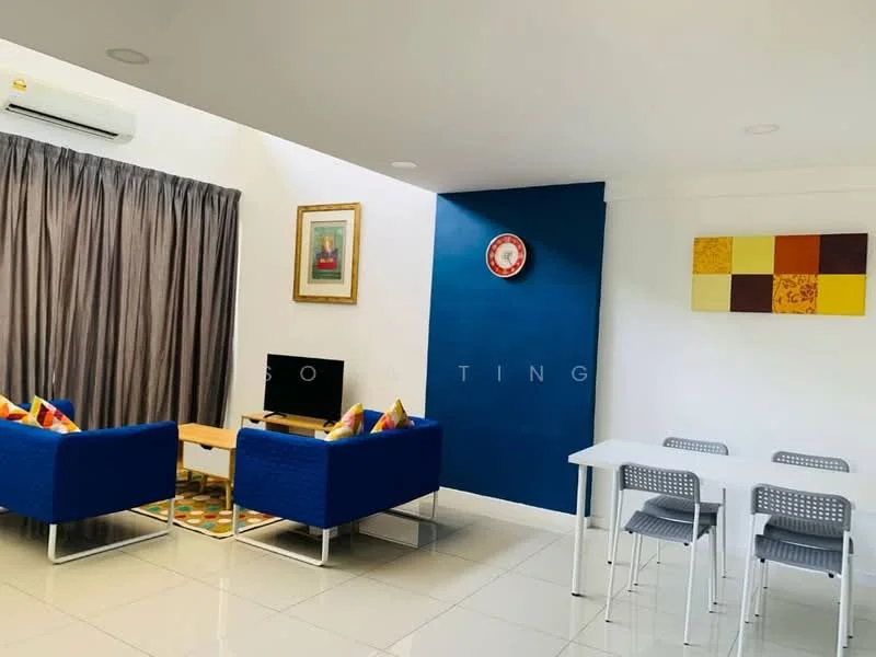 Living features: 2 blue fabric sofas, colorful throw pillows, wooden coffee table, area rug with geometric pattern, wall-mounted air conditioning unit, grey curtains, framed artwork on wall, decorative wall clock, white tiled flooring, blue accent wall, dining table with 4 grey chairs; style: modern.