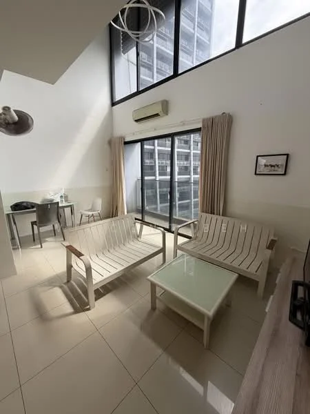 Living features: floor-to-ceiling windows, white painted walls, light-colored tiled flooring, 2 white wooden armchairs, glass coffee table, wall-mounted TV, air conditioning unit, curtains, decorative wall art, recessed ceiling light, dining table with 2 chairs; style: modern; view: city.