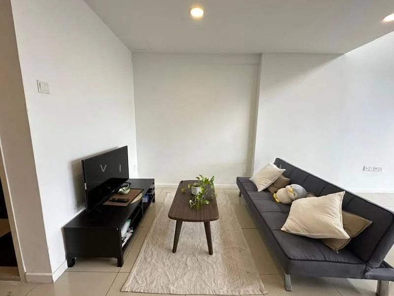 Living features: grey fabric sofa, wood coffee table, TV console, flat-screen TV, area rug, decorative plant, white painted walls, recessed ceiling lights, tile flooring; style: modern.