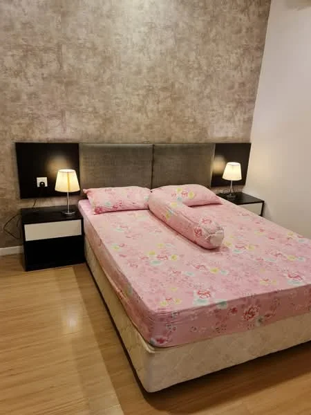 Bedroom features: queen-size bed with floral bedding, upholstered headboard, 2 bedside lamps, nightstands with drawers, wooden flooring, textured accent wall, wall-mounted electrical outlets; style: modern.
