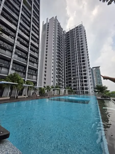 Exterior type: high-rise condominium; features: infinity pool, pool deck with loungers, glass curtain wall facade, balconies on upper floors, landscaped garden area, surrounded by greenery, multiple high-rise buildings, modern architectural design; style: modern.