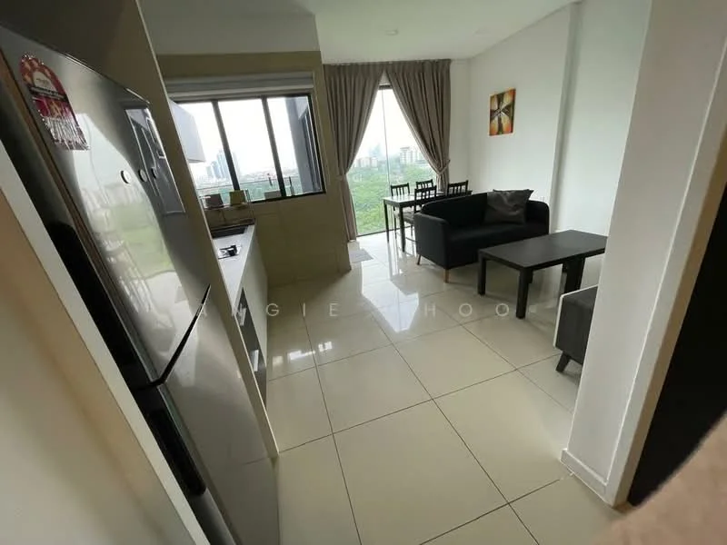 Living features: grey fabric sofa, black coffee table, dining table with four chairs, floor-to-ceiling windows, curtains, tile flooring, wall-mounted artwork, city view; style: modern; view: city. Kitchen features: stainless-steel fridge, kitchen countertop, cabinets, tile backsplash, sink; style: modern.