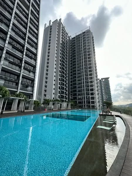 Exterior type: high-rise condominium; features: infinity pool, pool deck with loungers, glass curtain wall facade, surrounded by greenery, multiple high-rise buildings, landscaped pool area, modern architectural design; style: modern.