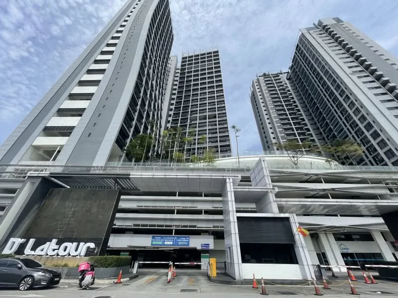 Exterior type: high-rise condominium; features: glass curtain wall, white painted facade, multiple storeys, covered parking area, landscaped entrance, signage at entrance, surrounded by mature greenery; style: modern.