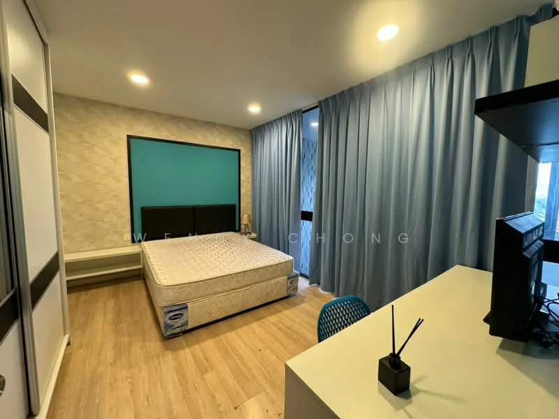 Bedroom features: queen-size bed, light wood flooring, blue curtains, wall-mounted desk, black office chair, built-in wardrobe with sliding doors, accent wall with textured finish, ceiling lights; style: modern.