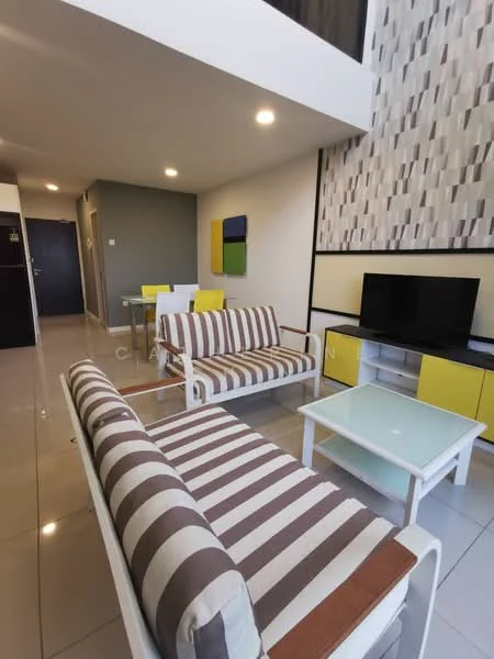 Living features: striped fabric sofa in beige and brown, 2-seater sofa, 3-seater sofa, glass coffee table, TV console with yellow and white cabinetry, wall-mounted TV, recessed ceiling lights, white tiled flooring, decorative wall with geometric pattern, dining table with 4 chairs, painted accent wall in grey; style: modern.