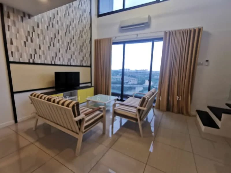 Living features: floor-to-ceiling windows, sliding glass door, cream painted walls, white ceiling, recessed downlights, 2-seater fabric sofa in cream, glass coffee table, TV console, wall-mounted TV, curtains, tile flooring, staircase visible; style: modern; view: city.