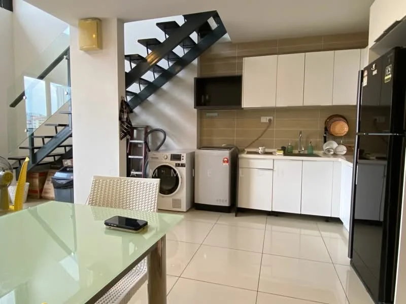Kitchen features: white cabinetry, grey tiled backsplash, stainless-steel sink, chrome pull-down faucet, built-in oven, freestanding washing machine, freestanding dryer, stainless-steel fridge, glass-top dining table, white dining chairs, open shelving, tile flooring, recessed downlights, staircase with black metal railing; style: modern.