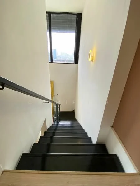 Room features: black staircase, white painted walls, wooden flooring, large window with city view, modern wall sconce lighting, metal handrail; style: modern; view: city.