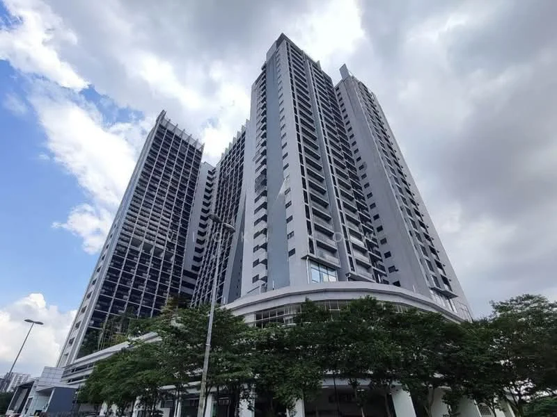 Exterior type: high-rise condominium; features: glass curtain wall, grey painted facade, recessed balconies, approximately 20-storey high-rise, surrounded by mature greenery, modern architectural design, large windows, outdoor lighting, elevated entrance, multiple access points; style: modern.
